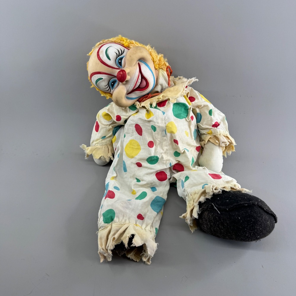 Vintage Rushton Rubber Face Clown Doll Polka Dot Jumpsuit Halloween Decor 18"